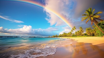 Poster - A rainbow painting the sky above a tranquil beach