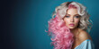 Beautiful girl with long glossy pink hair and blue eyes. Hair salon banner