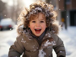 Wall Mural - portrait of a child in winter. child in winter playing in the snow. Snow in kid's hair. Happy kid during winter time. Holiday season