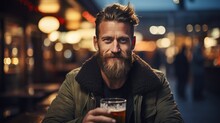 Brutal Scandinavian Man With Glass Of Beer, Bokeh Blurred Pub Background