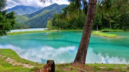 Sticker - Scenic lakes of northern Italy - tranquil and beautiful turquoise lake Lago di Cadore, surrounded by Dolomites Alps mountains. Belluno province