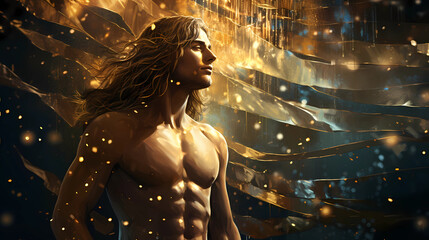 Wall Mural - a man with a cascade of waterfalls for arms, abstract art, shimmering stars, his torso cloaked in gold, eye-catching advertisement image, innovation