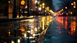 A row of streetlights reflecting on a rain-soaked city street at night.