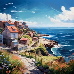 illustration painting of the town near the sea