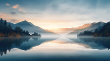 Serene Sunrise Over A Misty Mountain Lake With Reflective Waters.