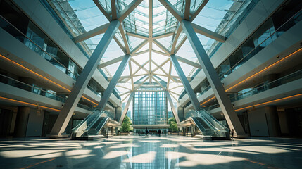 the interior of a modern building atrium with a glass ceiling