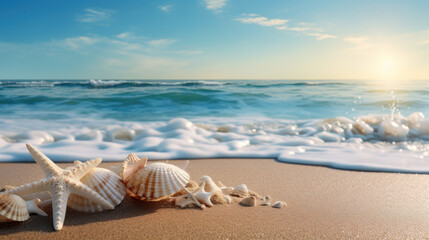 Wall Mural - Sunlit Seashells and Starfish on Sandy Shore with Foamy Waves Nearby.