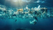 Plastic pollution of the ocean. Plastic garbage floating in water under the surface.