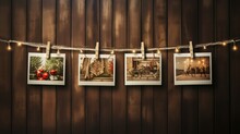 Christmas Photos Hanging On Rope On Wooden Wall