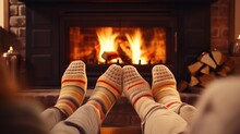 Family Feet In Wool Socks At Fireplace