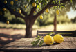 Wooden table lemon garden and blurred background. Generative AI,