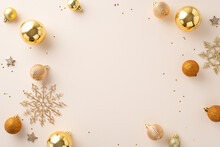 Winter Celebration Setup: Top View Of Various Tree Ornaments, Orange And Gold Balls, Sparkling Stars, Snowflake Decor, And Confetti Scattered On Pastel Backdrop. Perfect For Holiday Greetings Or Ads