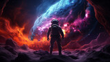 Fototapeta Kosmos - astronaut and galaxy storm vortex, neon painting dark galaxy bacground
