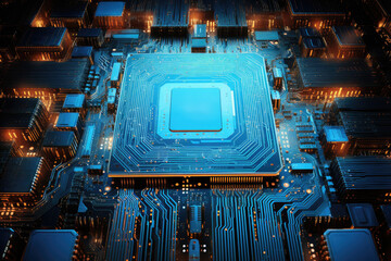 Wall Mural - modern technology of a blue computer board,Semiconductor and circuit board,Blue computer electronic chip with blue glow