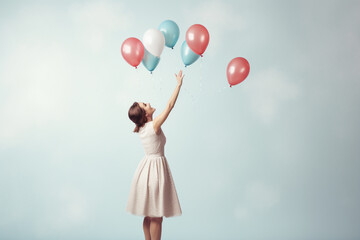 Wall Mural - Celebration, festive and lifestyles concept. Studio portrait of happy and smiling woman with colorful balloons in background. Generative AI