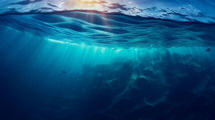 Wall Mural - Underwater view of blue sea water with sunbeams and sun rays
