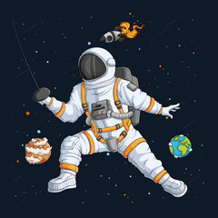 Wall Mural - hand drawn fencing astronaut with sword in spacesuit, martial arts spaceman over rocket and planets