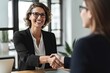 © Hanjin - Happy mid aged business woman manager handshaking greeting client in office. Smiling female executive making successful deal with partner shaking hand at work - Generative AI