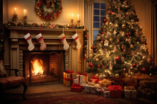 Christmas Living Room Scene With A Beautifully Decorated Tree, Stockings Hung By The Fireplace, And Warm, Glowing Lights