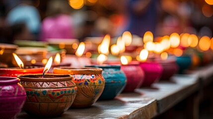 Happy Diwali - festival of lights colorful background with decorative Diya lamp and Rangoli, Generative AI