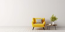 Living Room Interior With Yellow Fabric Armchair And Table On Empty White Wall Background, Generative AI 