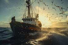 Trawler Fishing Vessel Sailing In Open Waters Surrounded By Seagulls.