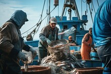 Documentary Footage Of Fishing Boat, Fishermen During Their Job, Ocean, Detailed, Industrial Photography