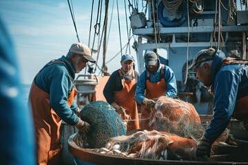 documentary footage of fishing boat, fishermen during their job, ocean, detailed, industrial photography