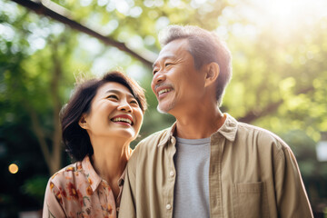 happy smiling asian mature senior couple posing together