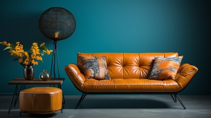 A patchwork orange and brown leather sofa is set against a turquoise blank wall with plenty of copy space in the minimalist home interior design of the modern living room