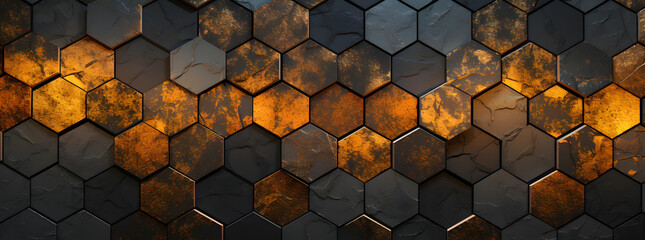 modern mosaic wallpaper black gold hexagon pattern, in the style of rusty debris, lightbox, detailed skies, dark gray and orange, technological design, shaped canvas, aluminum