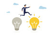 Business transformation concept. Moving to a better innovative company, adapting to a new concept, Businessman jumping from old to new shiny light bulb idea. Illustration