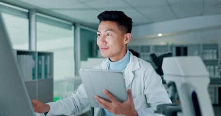 Poster - Scientist, tablet and computer for research, data analysis and typing test results or laboratory report. Doctor, science expert or happy asian man with medical or digital software for biotechnology