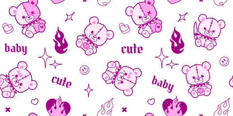 Wall Mural - Y2k Emo Goth semless pattern. Kawaii teddy bear with flame heart. Tattoo art bear toy with knife and fire in gothic y2k 2000s style. Vector pink Emo toy background for print fabric design