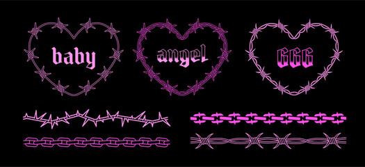 Wall Mural - Y2k Pink Tattoo hearts design in 2000s style. Trendy emo gotich style tattoo collection of angel, barbed wire heart. Barbed wire frame. Chain frame pattern. 666 dark style vector print design