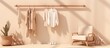 Creative minimalist lifestyle of pastel beige and white clothes hanging outdoors on a rack and chair suitable for social media shopping stores and studios