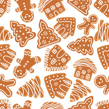 Seamless Vector New Year's Eve Pattern On White Background. New Year Gingerbread In The Form Of Christmas Trees, Houses And Little People . Vector Illustration
