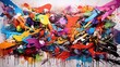 Illustration of a vibrant and abstract painting covered in colorful splatters of paint