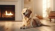 An adorable golden retriever dog lounges by the fireplace in a minimalist living room, basking in the warmth of the hearth against a backdrop of light-colored interiors.
