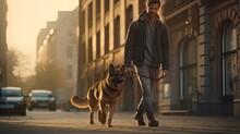 A Young Man Takes A Leisurely Stroll With His Dog Along The City Sidewalk, Their Steps Perfectly Synchronized.