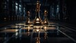 A golden chess piece reflecting light on a shiny surface