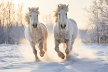 Pair Of Horses Frolicking In A Snow-covered Pasture