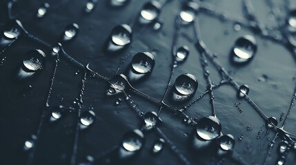 Spider web covered in water droplets on gray background