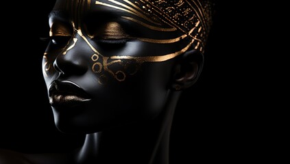 Wall Mural - close up cosmetic fashion face shot of African dark skin woman wearing golden make up glow in metallic color, Generative Ai