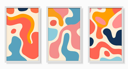 A set of three hand drawn colorful abstract artwork panels in different colors