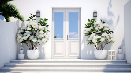 A striking white entrance door surrounded by geometric steps and white potted flowers exudes modern charm.