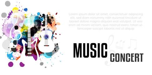 Wall Mural - Music festival concept. Live music concert. Horizontal vector poster with guitars and paint splash design elements