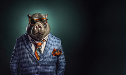 Cool looking hippo or hippopotamus wearing funky fashion dress - jacket, tie, glasses. Wide banner with space for text at side. Stylish animal posing as supermodel. Generative AI