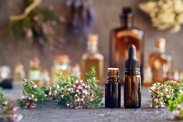 Wall Mural - Bottles of oregano essential oil on a table