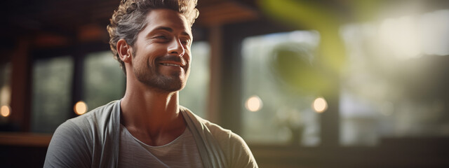 Poster - Relaxed man practicing lotus pose in yoga, meditating and smiling